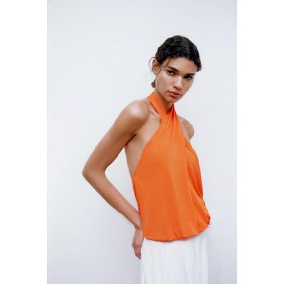 NWOT Zara Bright Orange Draped Crossover Halter Neck Top Bodysuit, Size Small - Picture 5 of 14